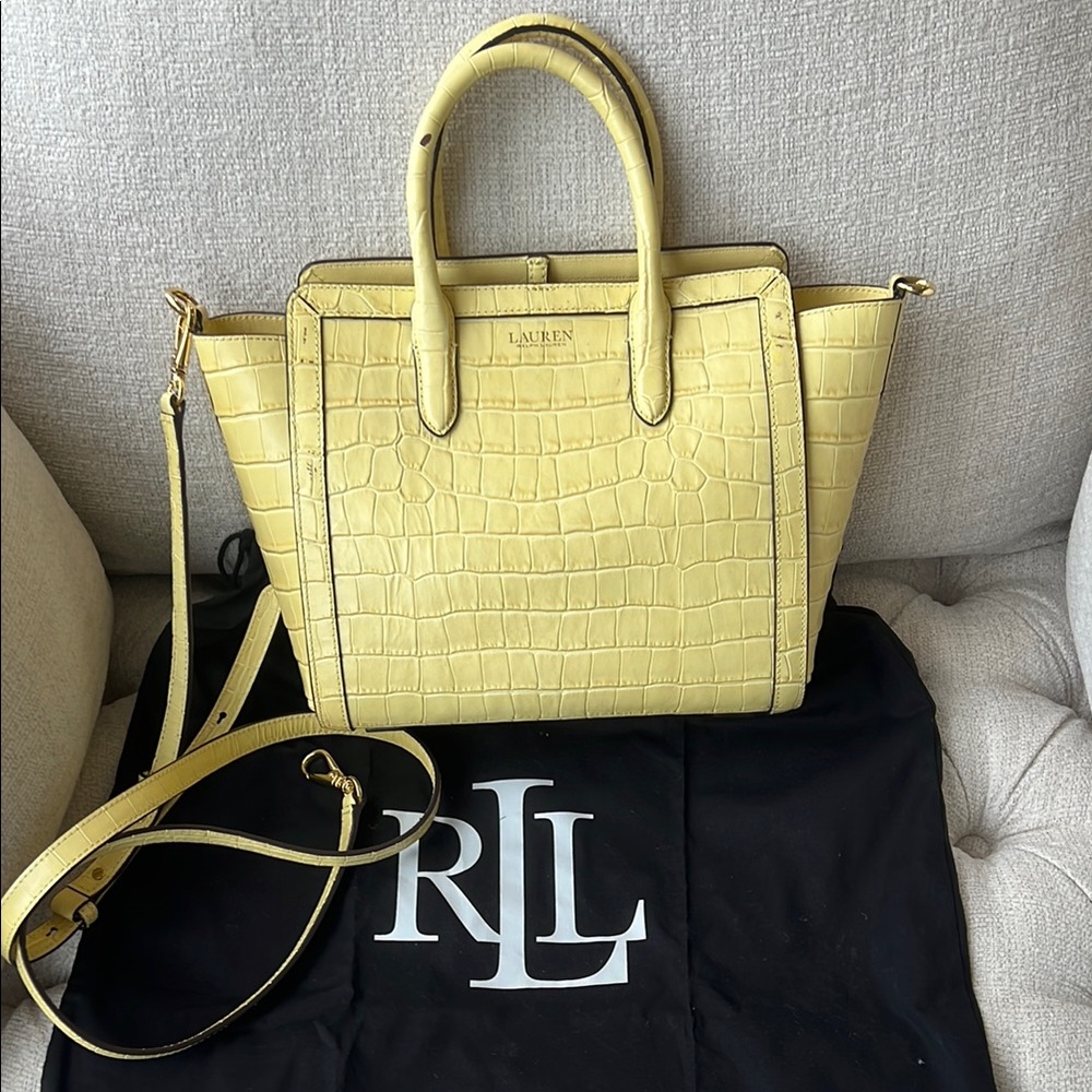 Ralph Lauren Tyler Tote Embossed Crocodile Leather Yellow Handbag/Crossbody